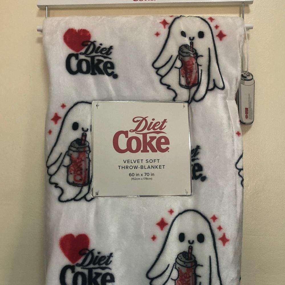 NWT Coca Cola Diet Coke White Throw Blanket with Red & Black Ghost Design